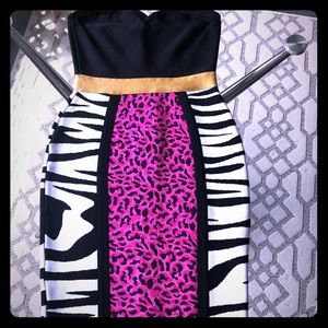 Strapless, mini, animal print, bondage dress.